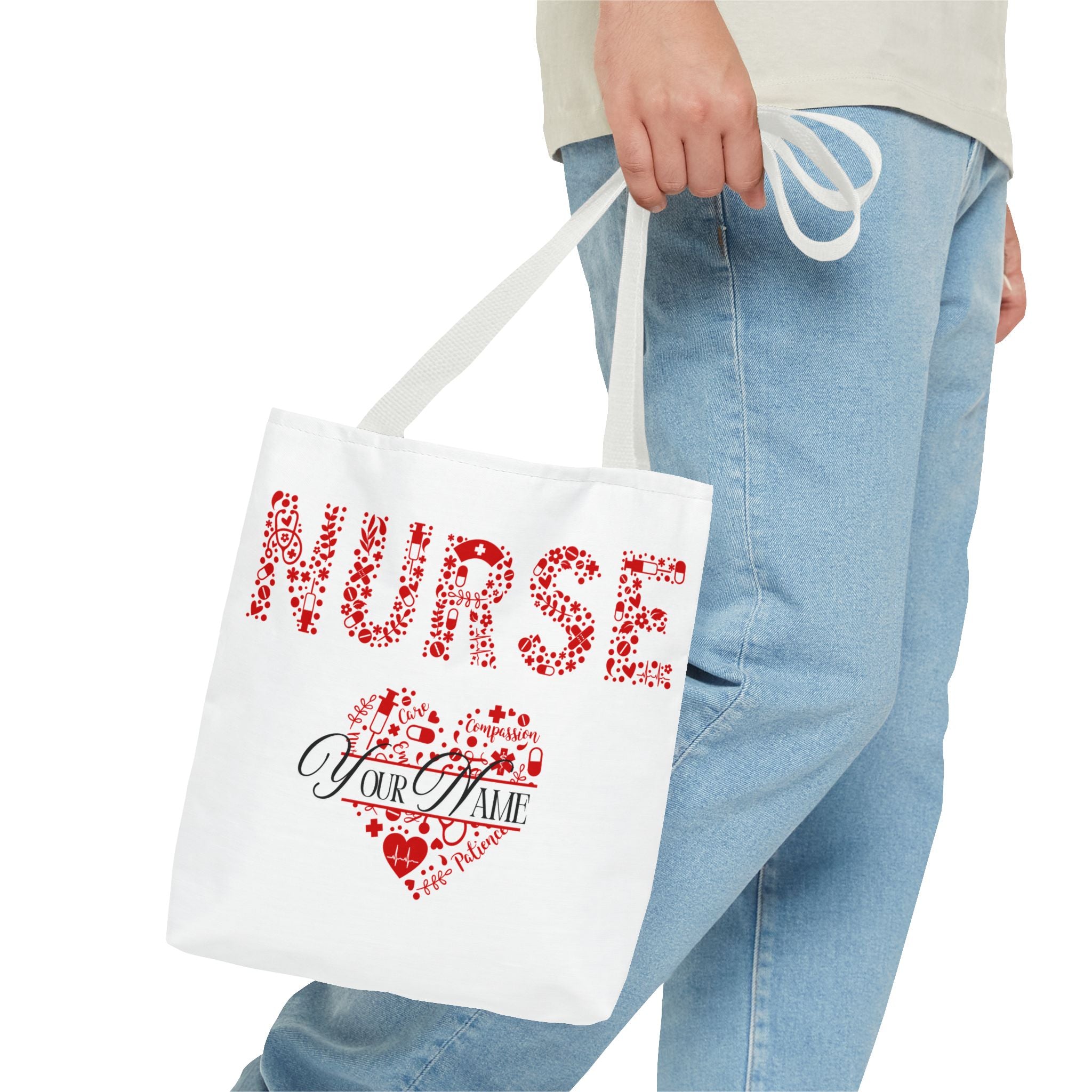 Personalized Name Nurse Tote Bag, Heart Design, Gift for Nurses, AOP Nursing Bag, Healthcare Companion, Nurse Appreciation