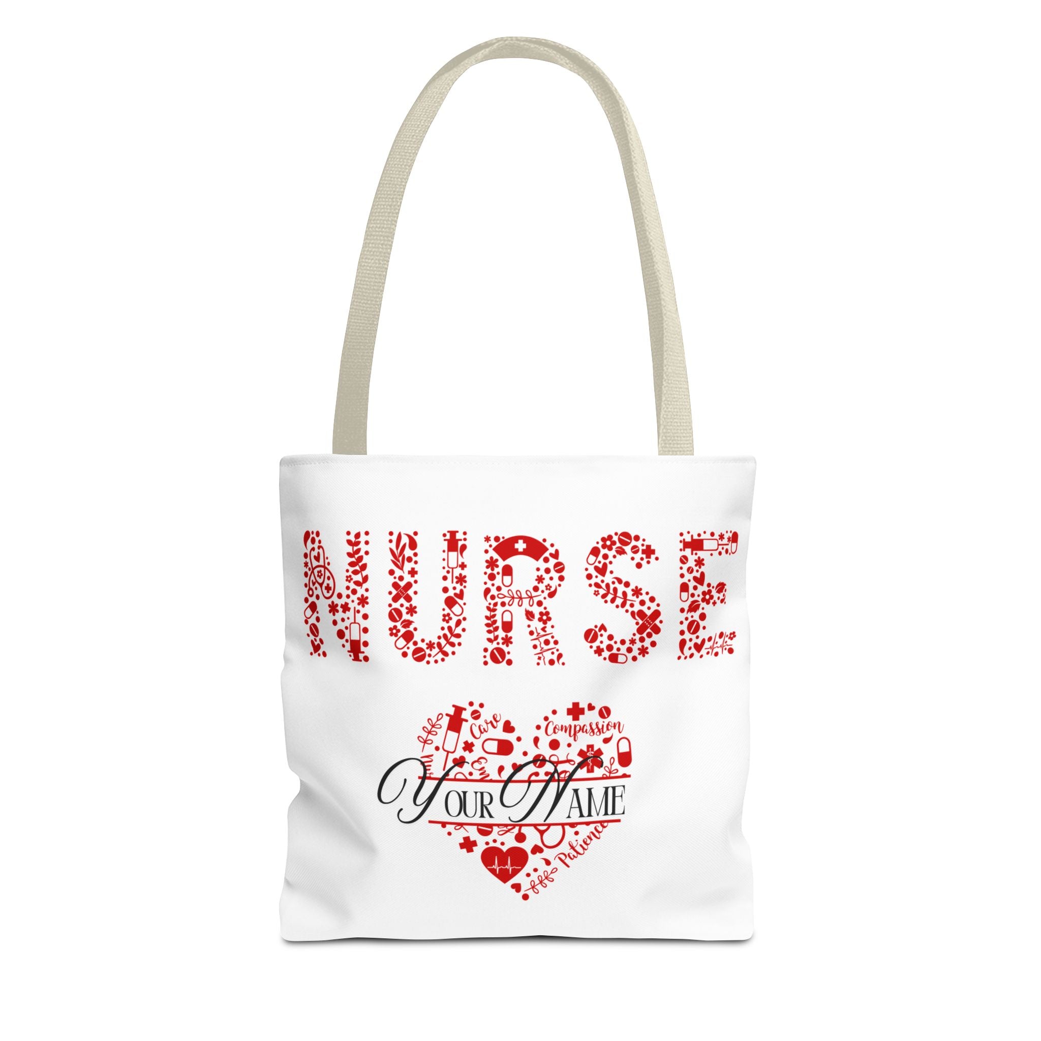 Personalized Name Nurse Tote Bag, Heart Design, Gift for Nurses, AOP Nursing Bag, Healthcare Companion, Nurse Appreciation