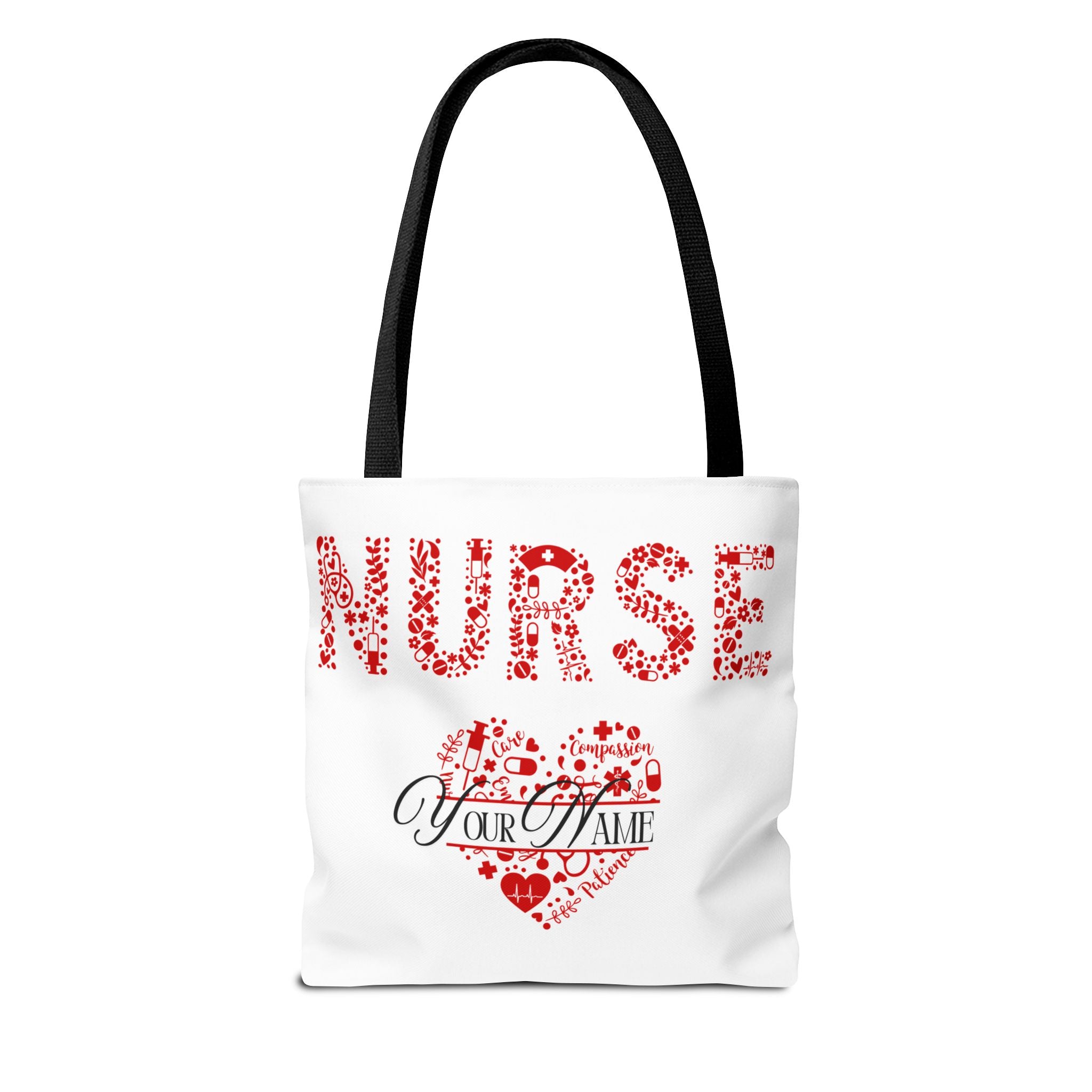 Personalized Name Nurse Tote Bag, Heart Design, Gift for Nurses, AOP Nursing Bag, Healthcare Companion, Nurse Appreciation