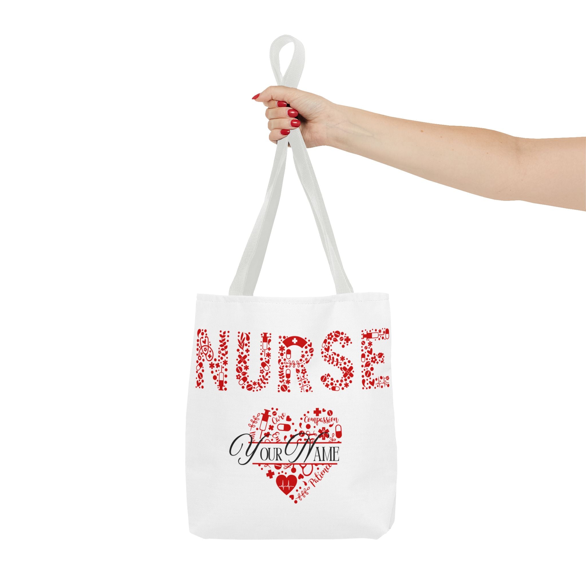 Personalized Name Nurse Tote Bag, Heart Design, Gift for Nurses, AOP Nursing Bag, Healthcare Companion, Nurse Appreciation