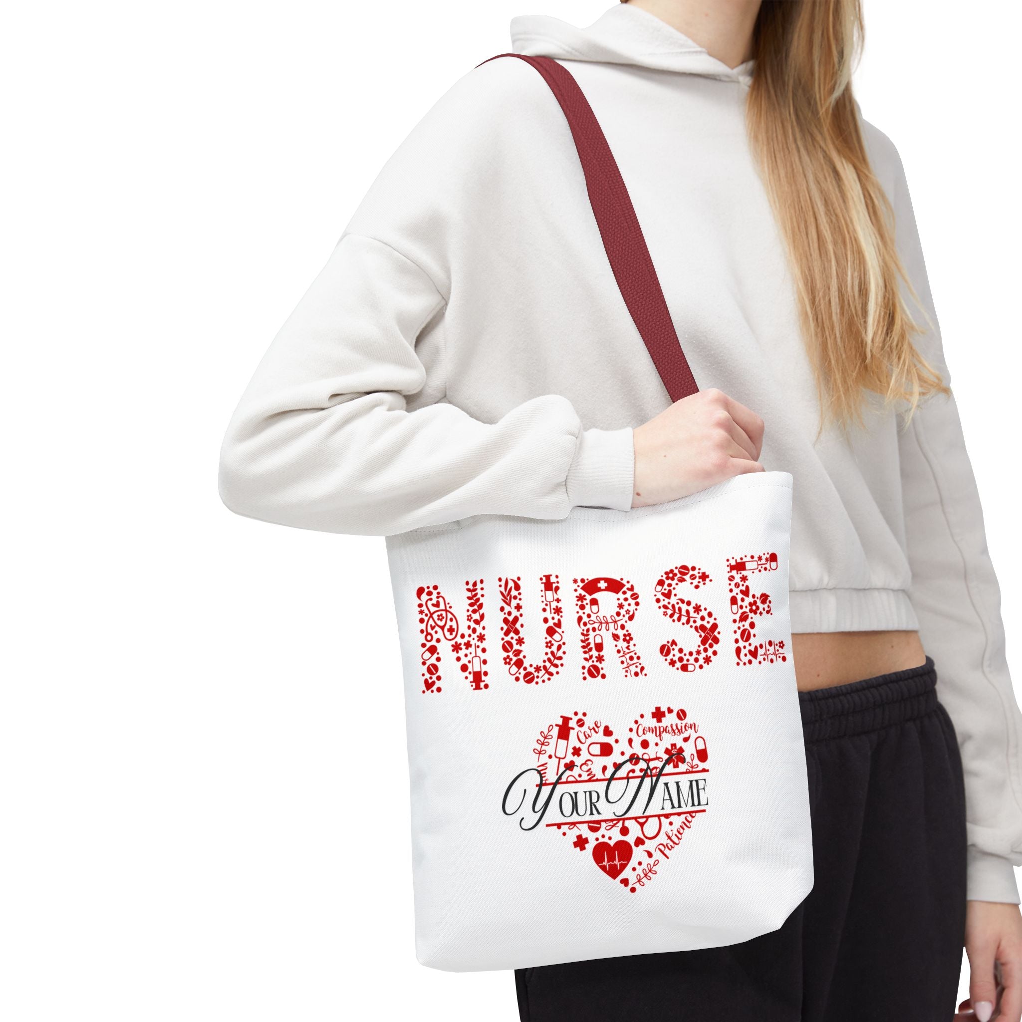 Personalized Name Nurse Tote Bag, Heart Design, Gift for Nurses, AOP Nursing Bag, Healthcare Companion, Nurse Appreciation