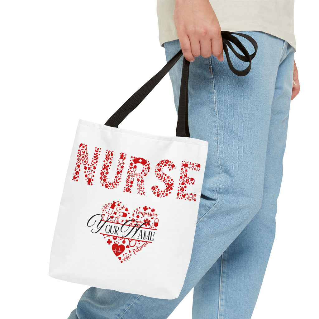 Personalized Name Nurse Tote Bag, Heart Design, Gift for Nurses, AOP Nursing Bag, Healthcare Companion, Nurse Appreciation
