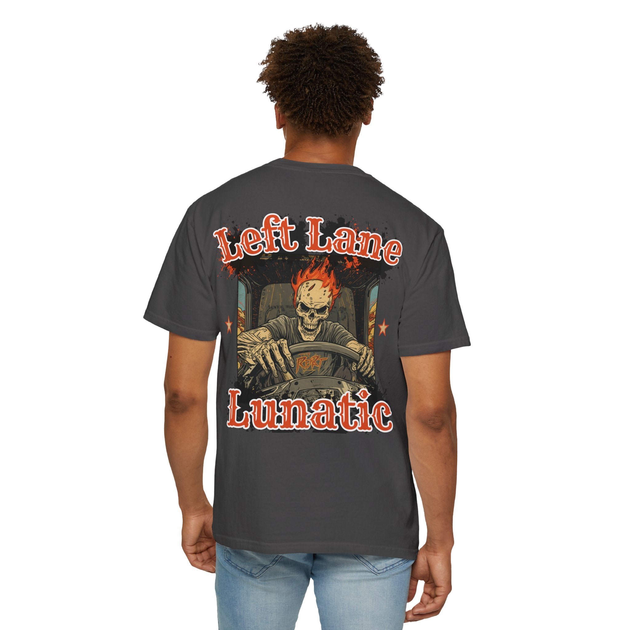 Unisex Garment-Dyed T-shirt, Cool Grunge Tee for Truckers, Left Lane Lunatic Graphic T-shirt, Vintage Style Gift, Halloween Apparel