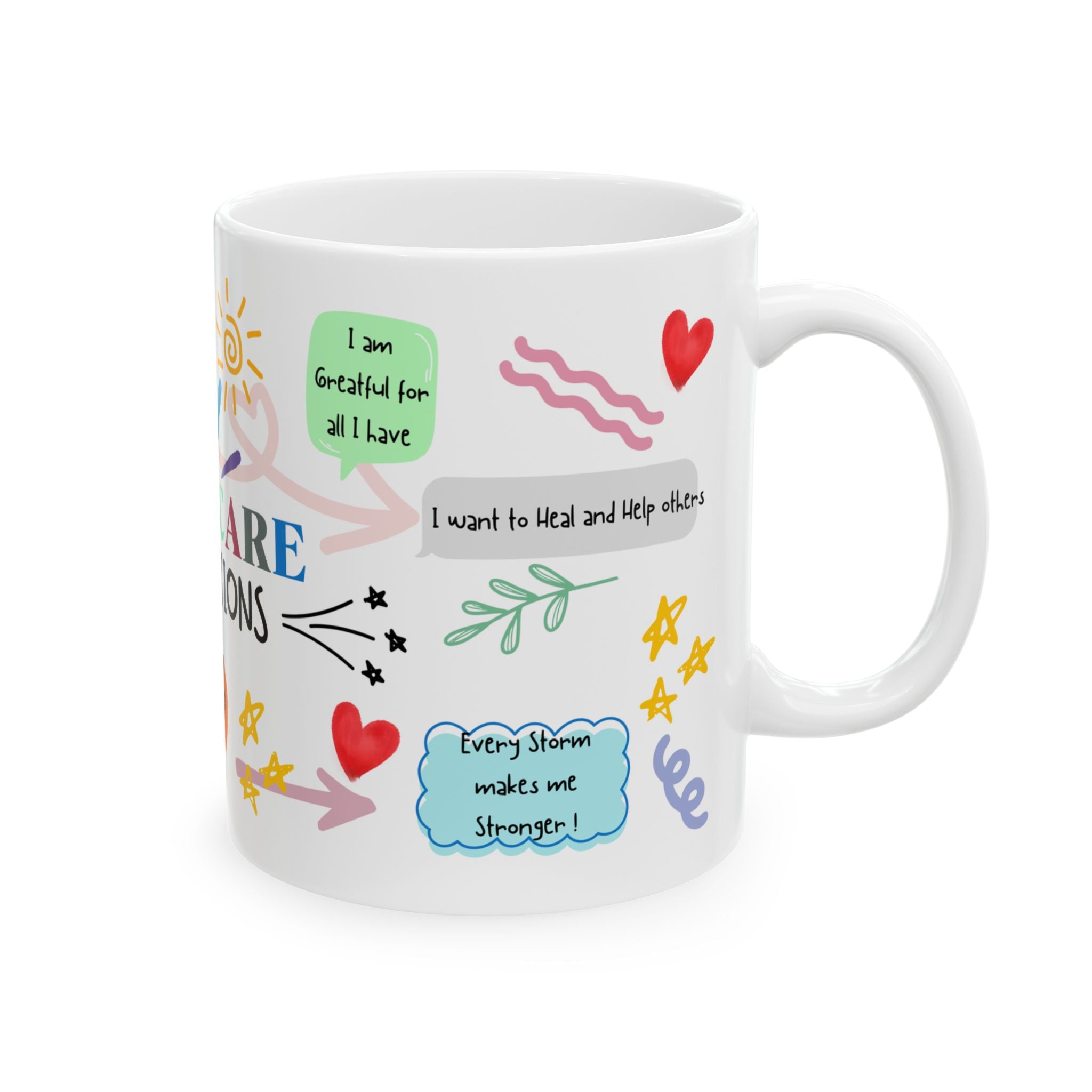 Healthcare Affirmations Ceramic Mug | Colorful Positive Quote Coffee Cup | Motivational Gift for Nurses & Caregivers, Self-Care Reminder