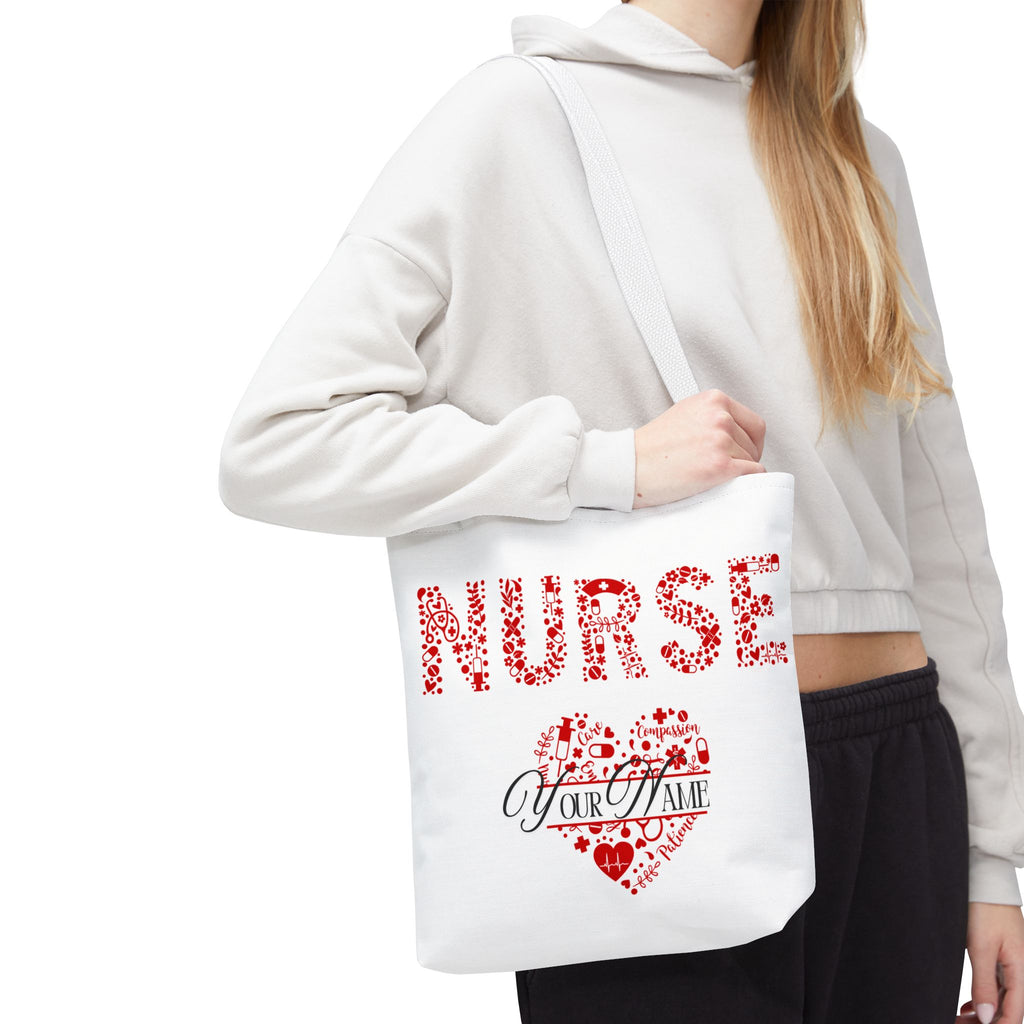 Personalized Name Nurse Tote Bag, Heart Design, Gift for Nurses, AOP Nursing Bag, Healthcare Companion, Nurse Appreciation