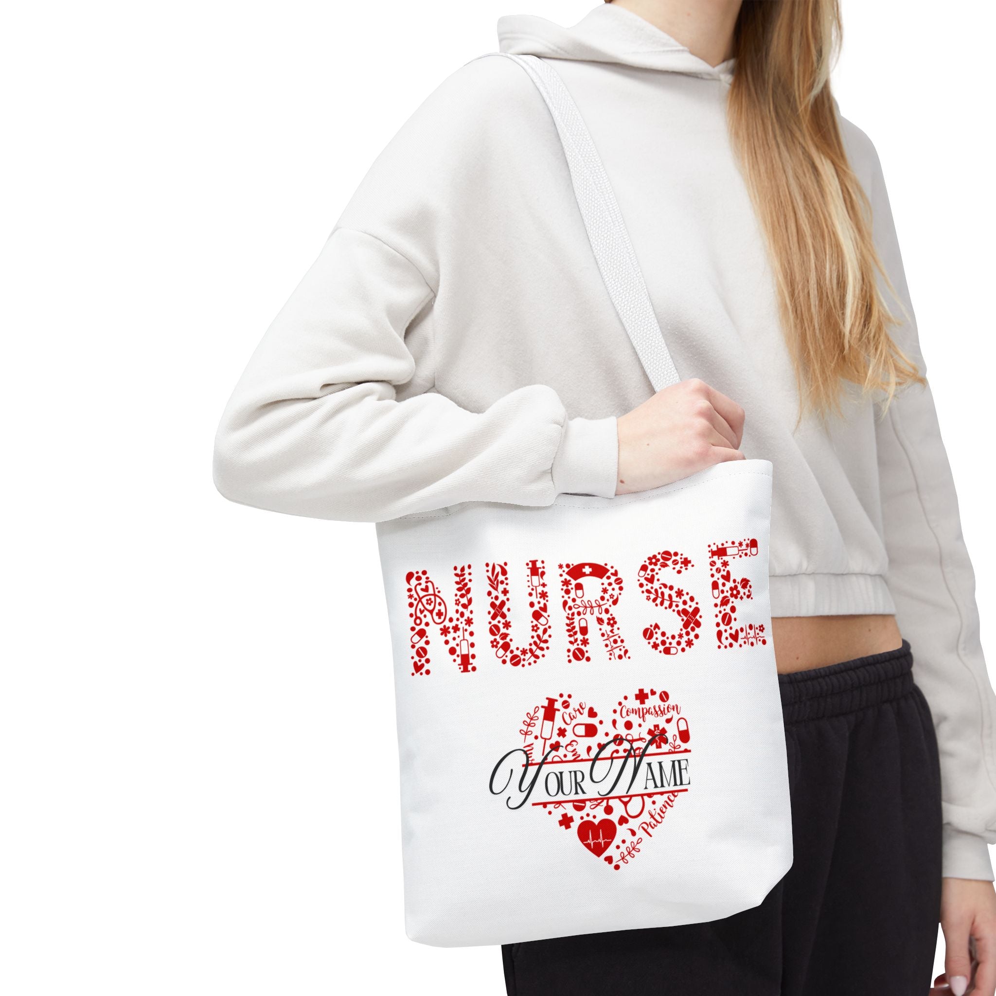 Personalized Name Nurse Tote Bag, Heart Design, Gift for Nurses, AOP Nursing Bag, Healthcare Companion, Nurse Appreciation