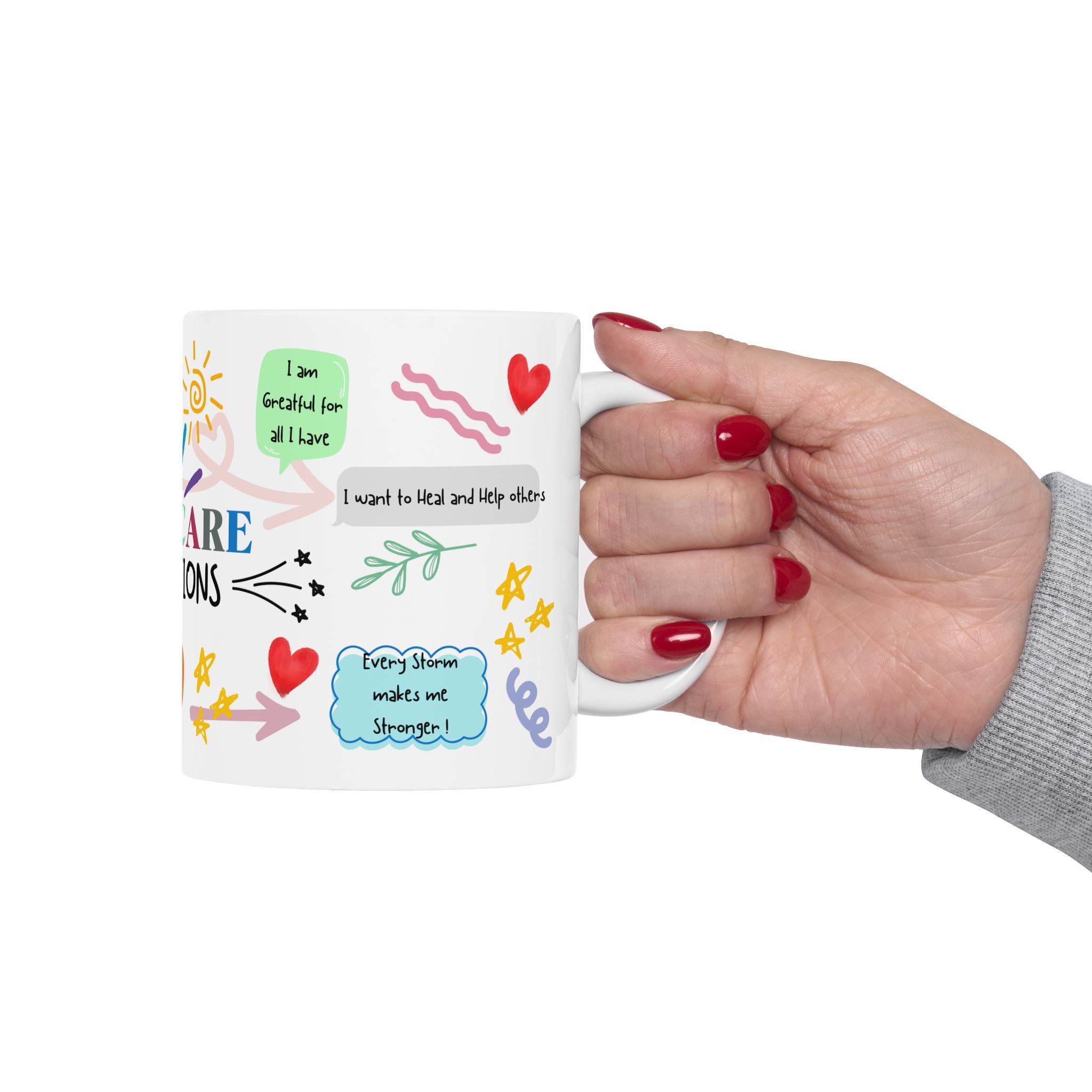 Healthcare Affirmations Ceramic Mug | Colorful Positive Quote Coffee Cup | Motivational Gift for Nurses & Caregivers, Self-Care Reminder