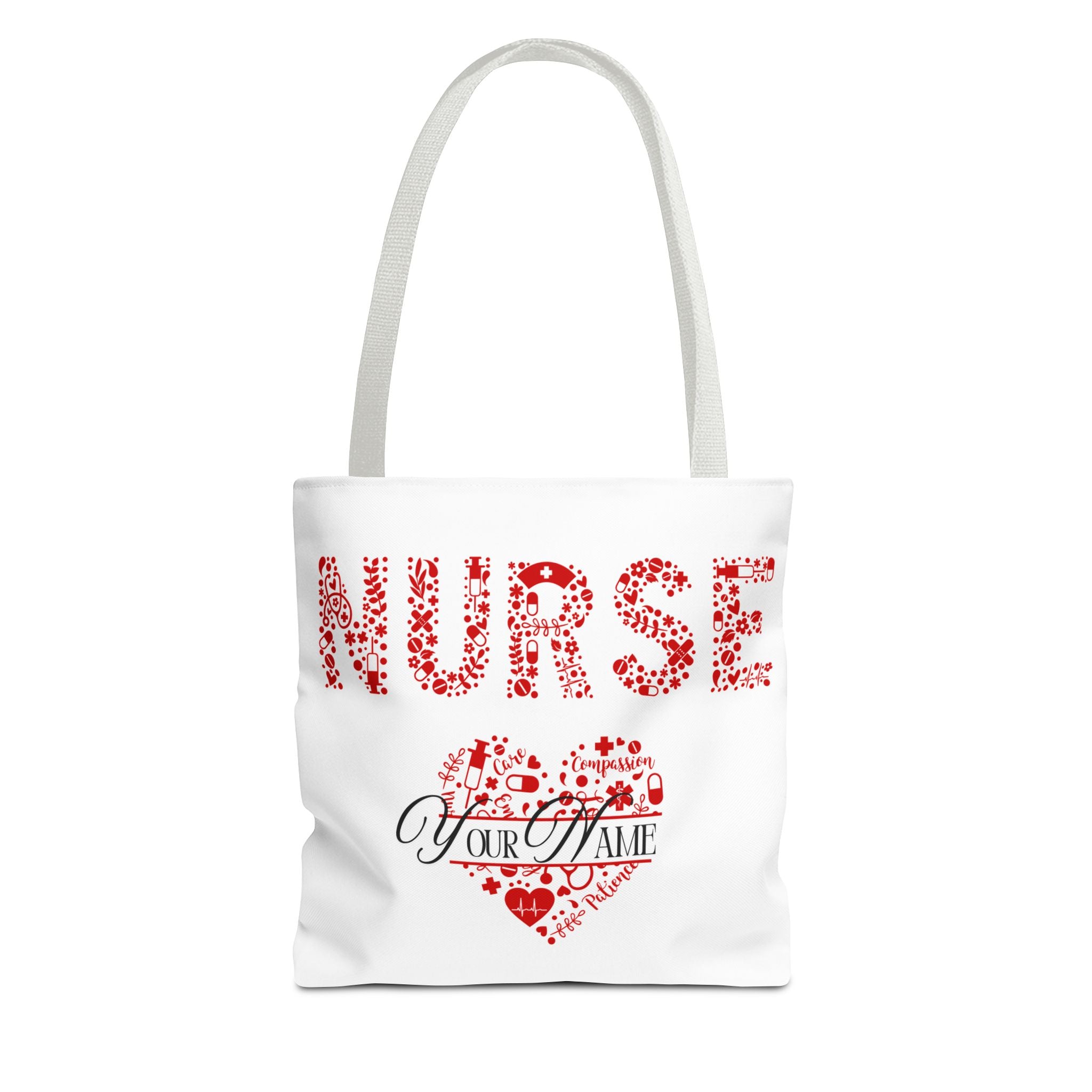 Personalized Name Nurse Tote Bag, Heart Design, Gift for Nurses, AOP Nursing Bag, Healthcare Companion, Nurse Appreciation