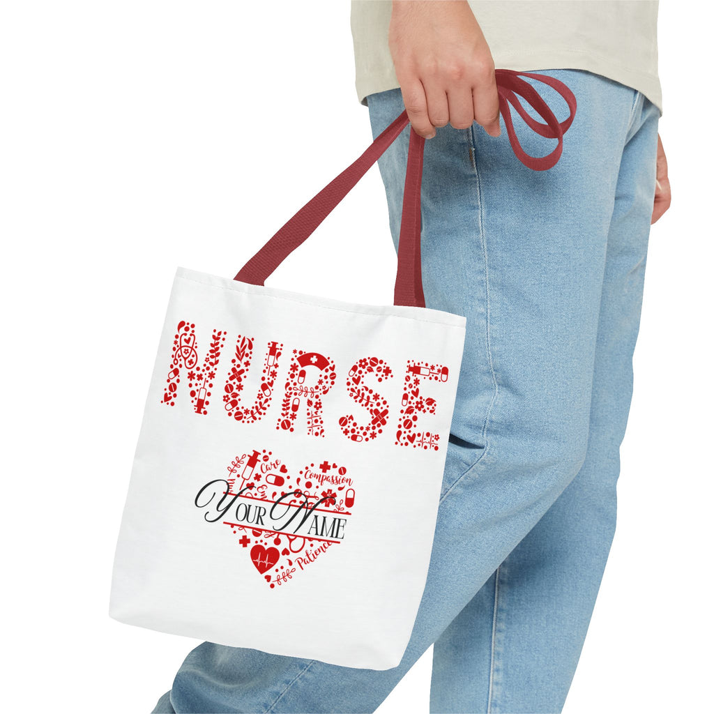 Personalized Name Nurse Tote Bag, Heart Design, Gift for Nurses, AOP Nursing Bag, Healthcare Companion, Nurse Appreciation