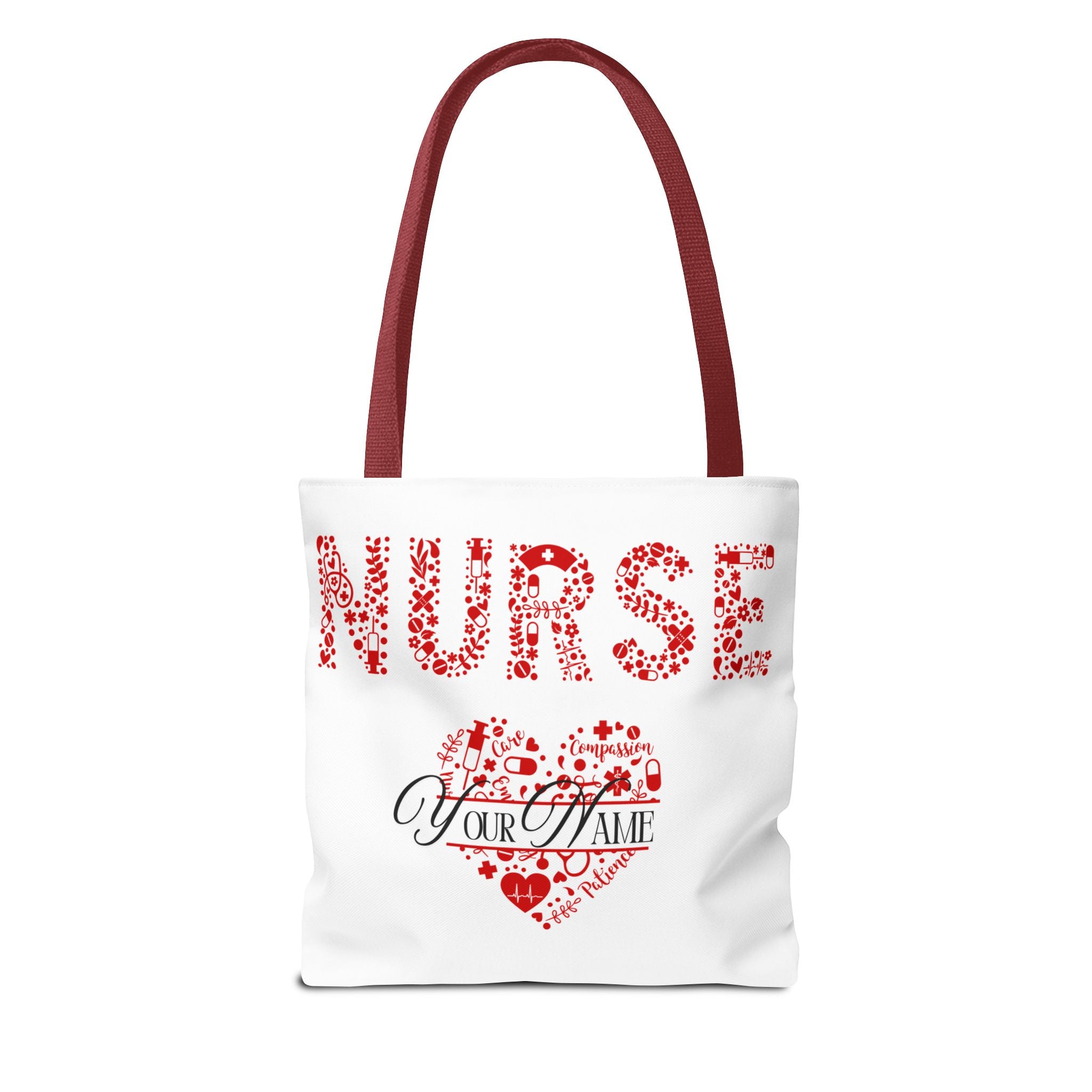 Personalized Name Nurse Tote Bag, Heart Design, Gift for Nurses, AOP Nursing Bag, Healthcare Companion, Nurse Appreciation