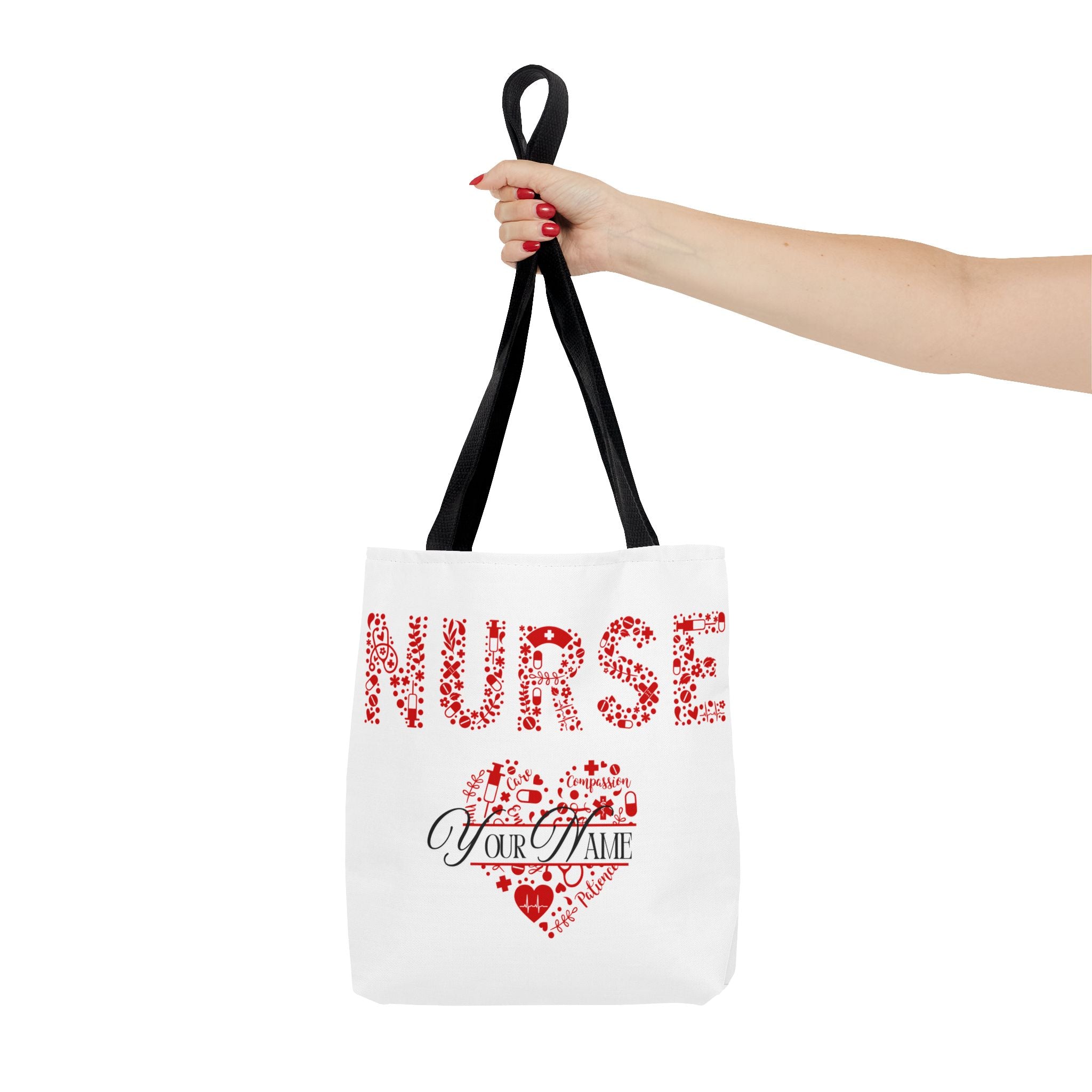 Personalized Name Nurse Tote Bag, Heart Design, Gift for Nurses, AOP Nursing Bag, Healthcare Companion, Nurse Appreciation