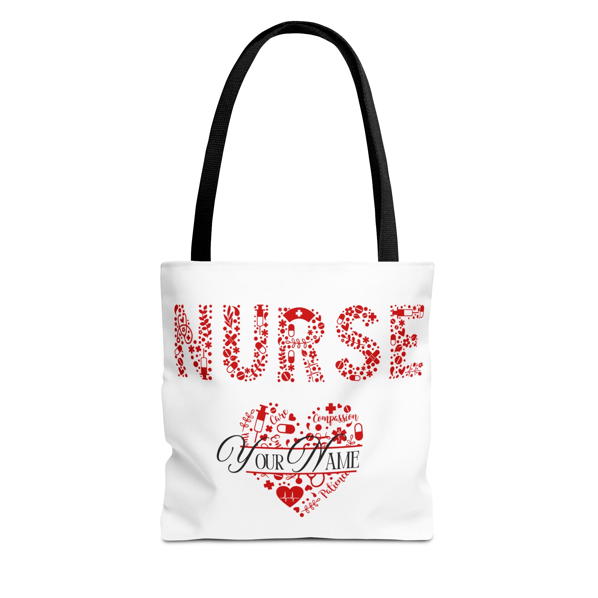 Personalized Name Nurse Tote Bag, Heart Design, Gift for Nurses, AOP Nursing Bag, Healthcare Companion, Nurse Appreciation