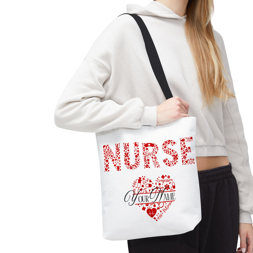 Personalized Name Nurse Tote Bag, Heart Design, Gift for Nurses, AOP Nursing Bag, Healthcare Companion, Nurse Appreciation