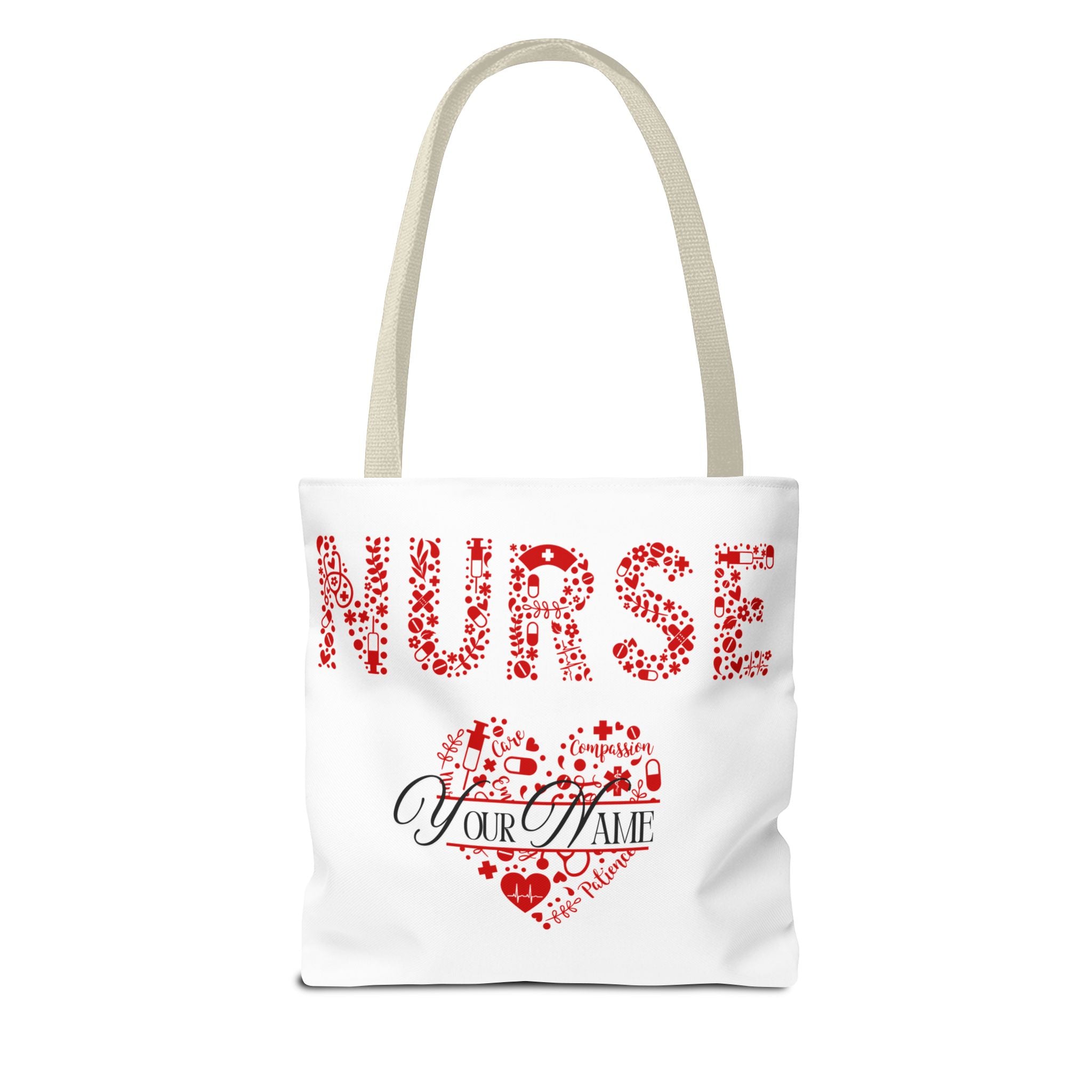 Personalized Name Nurse Tote Bag, Heart Design, Gift for Nurses, AOP Nursing Bag, Healthcare Companion, Nurse Appreciation