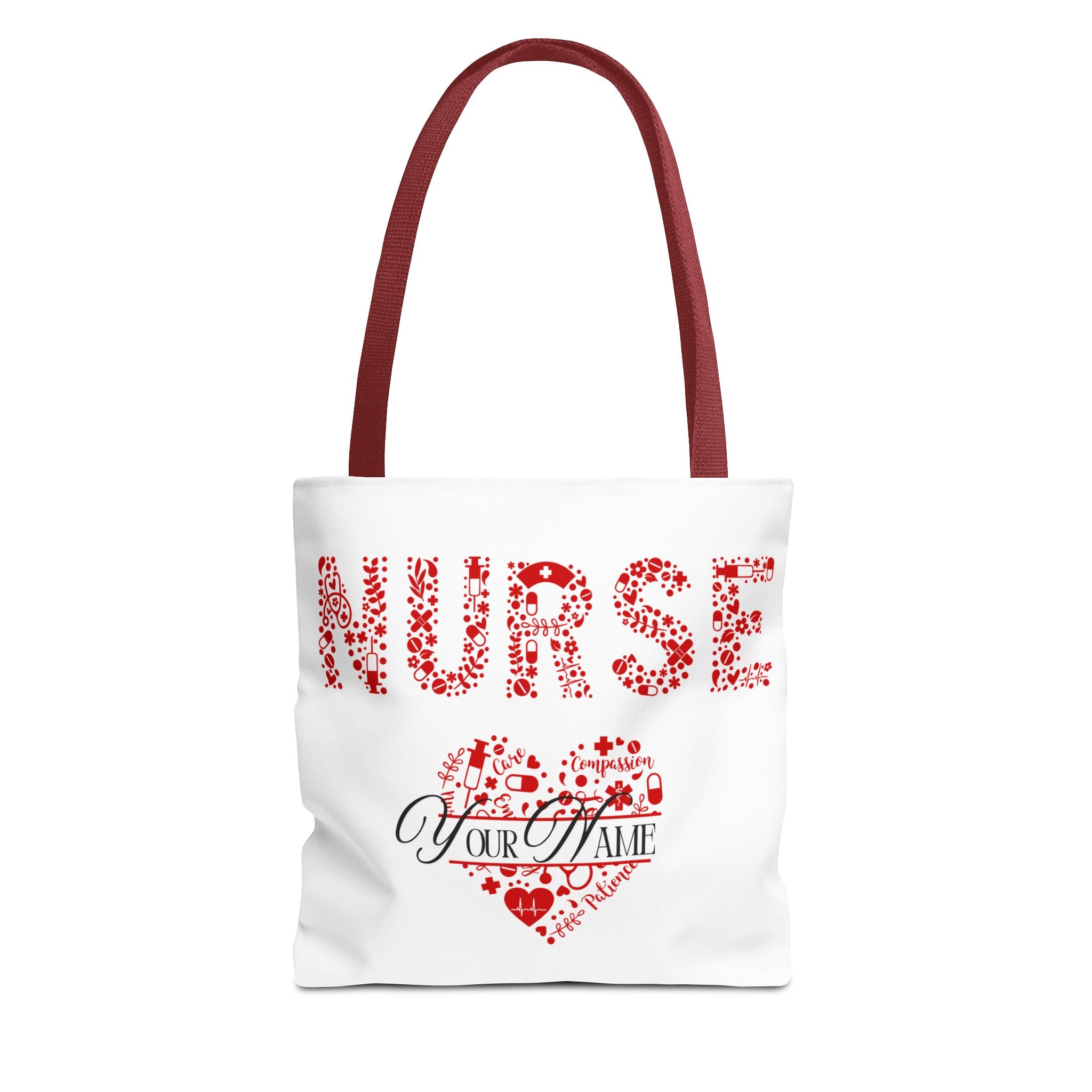 Personalized Name Nurse Tote Bag, Heart Design, Gift for Nurses, AOP Nursing Bag, Healthcare Companion, Nurse Appreciation